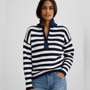 Outerknown Quarter Zip Montauk Sweater Organic Cotton Navy White Striped Sz S
